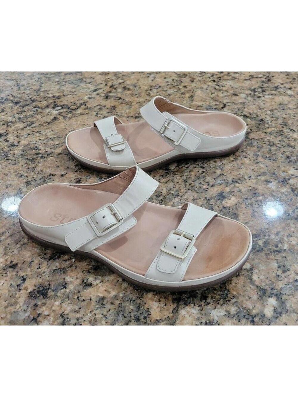 Strive Lombok Buckle White Leather Silver Strappy Slides Sandles Womens Shoes 7